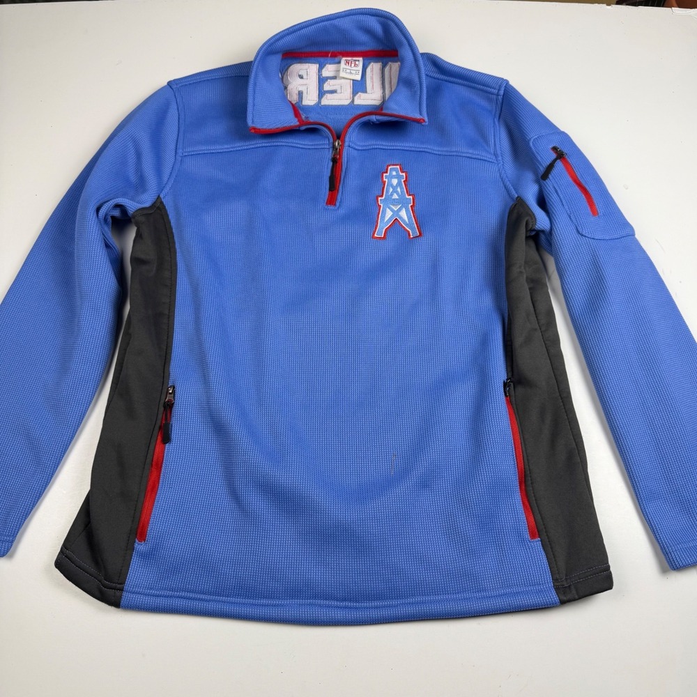 Vintage NFL Houston Oilers Mens Large Quarter Zip Fleece Pullover Blue Pockets